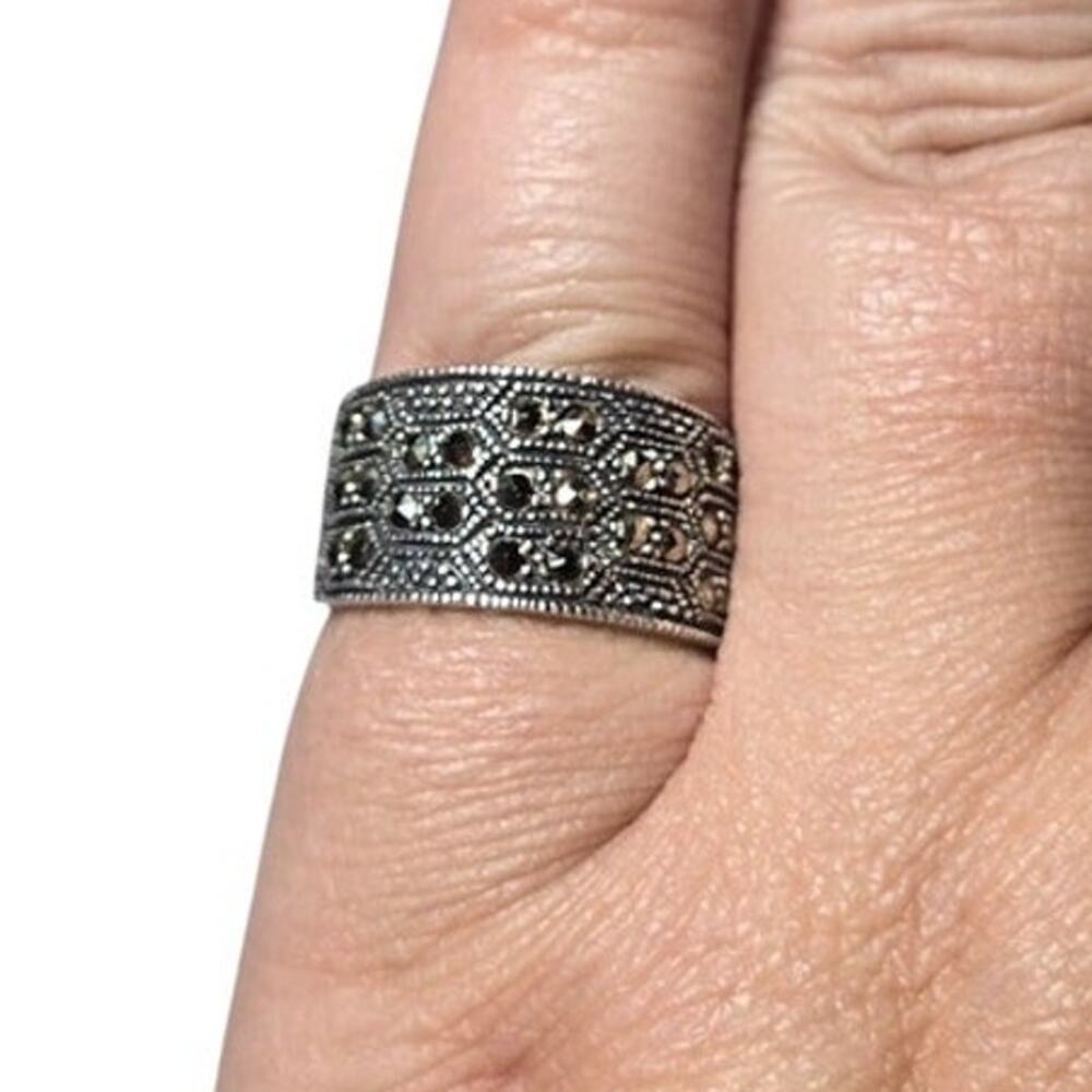 Marcasite Sterling Silver Ring Vintage Art Deco Gothic Luxe Size 8